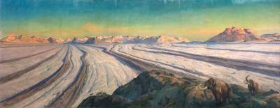 Luzern und Umgebung mit Pilatus und Rigi vor ca. 16'000 Jahren: nur ca. 640 Menschen-Generationen bis heute. Dieses Bild passt zum Buch "Eine kurze Geschichte der Menschheit". Der Luzerner Kunstmaler Ernst Hodel hat es 1927 für den Gletschergarten Luzern geschaffen.